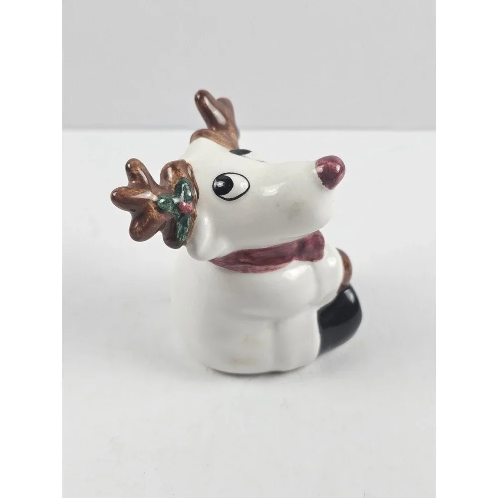 Vintage White Reindeer Gold Antlers Christmas Red Nose Salt Pepper Shaker (1)